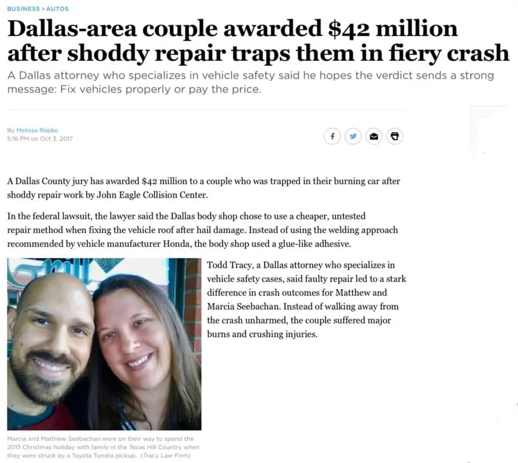 Dallas Morning News Todd Tracy Clients Awarded $42 Million After Shoddy Car Repair