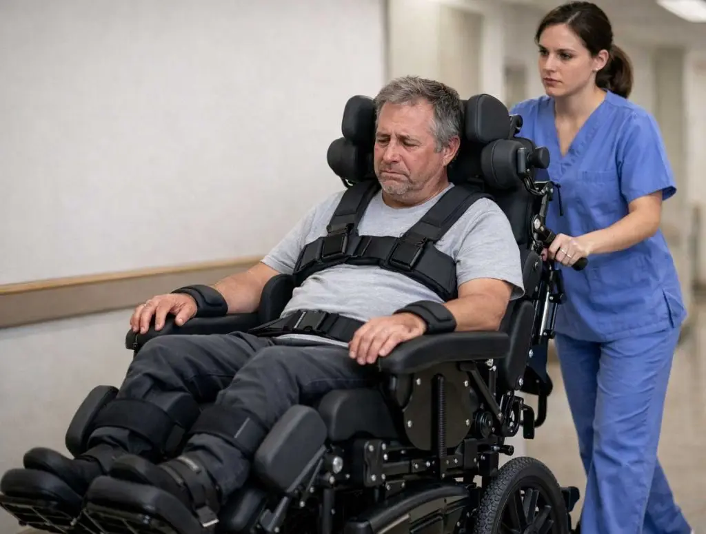 Nurse Pushing Man Suffering Disability from Car Crash